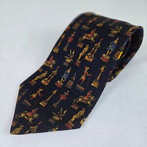 Salvatore Ferragamo 100% Men's Silk Tie Navy Blue Iconic Stautes Made in Italy